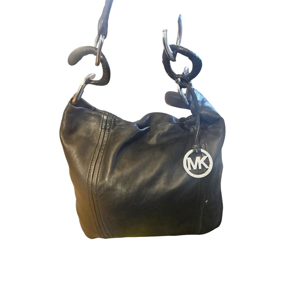 Michael Kors Black Leather Hobo Bag Silver Ring Hardware MK Charm Shoulder Bag